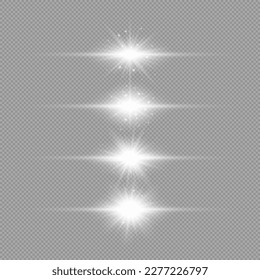 Effet de lumière des éruptions de lentilles. Ensemble de quatre effets d'éclatement de lumière horizontaux blanc brillant avec des étincelles sur fond gris transparent. Illustration vectorielle