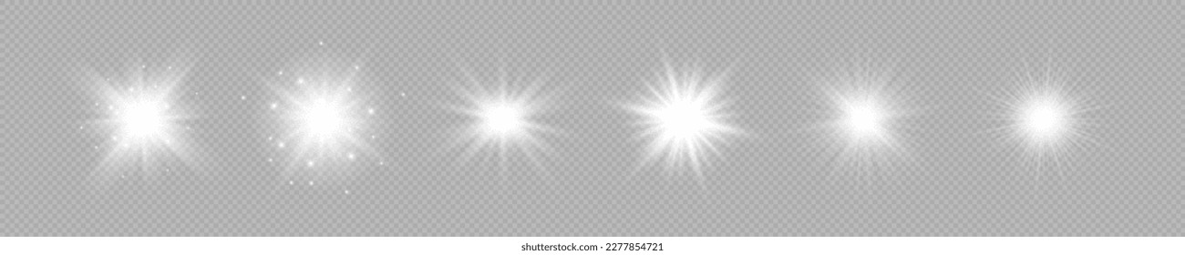 Light effect of lens flares. Set of six white glowing lights starburst effects with sparkles on a grey transparent background. Vector illustration
