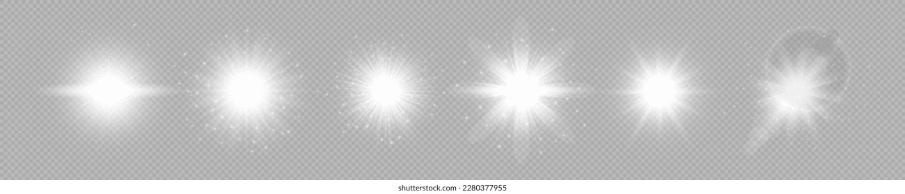 Light effect of lens flares. Set of six white glowing lights starburst effects with sparkles on a grey transparent background. Vector illustration