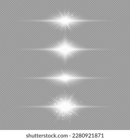 Light effect of lens flares. Set of four white horizontal glowing light starburst effects with sparkles on a grey transparent background. Vector illustration