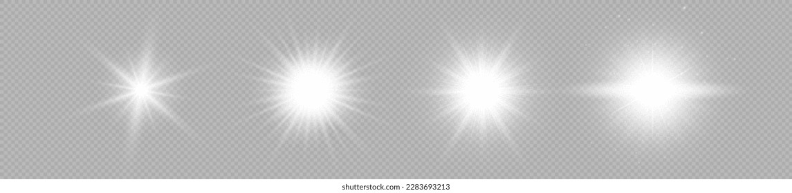 Light effect of lens flares. Set of four white glowing lights starburst effects with sparkles on a grey transparent background. Vector illustration