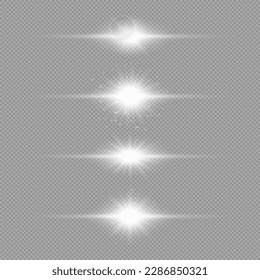 Effet de lumière des éruptions de lentilles. Ensemble de quatre effets d'éclatement de lumière horizontaux blanc brillant avec des étincelles sur fond gris transparent. Illustration vectorielle