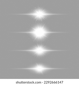 Efecto luminoso de las bengalas de la lente. Conjunto de cuatro efectos de arranque de luz brillante horizontales blancos con destellos sobre un fondo transparente gris. Ilustración del vector