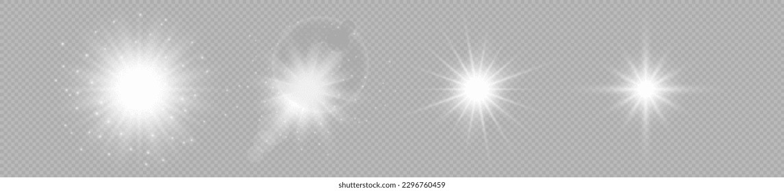 Light effect of lens flares. Set of four white glowing lights starburst effects with sparkles on a grey transparent background. Vector illustration
