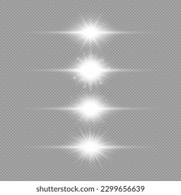 Effet de lumière des éruptions de lentilles. Ensemble de quatre effets d'éclatement de lumière horizontaux blanc brillant avec des étincelles sur fond gris transparent. Illustration vectorielle