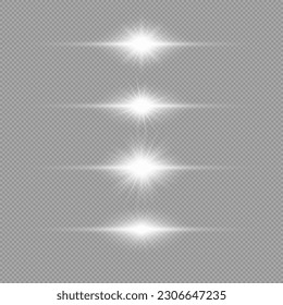 Effet de lumière des éruptions de lentilles. Ensemble de quatre effets d'éclatement de lumière horizontaux blanc brillant avec des étincelles sur fond gris transparent. Illustration vectorielle