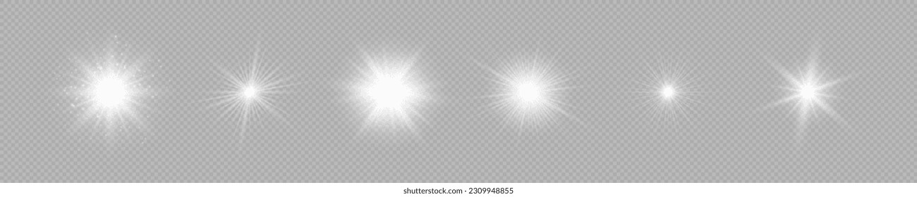Efecto luminoso de las bengalas de la lente. El conjunto de seis luces brillantes blancas de efecto de arranque con destellos sobre un fondo transparente gris. Ilustración del vector