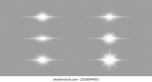 Light effect of lens flares. Set of six white horizontal glowing light starburst effects with sparkles on a grey transparent background. Vector illustration