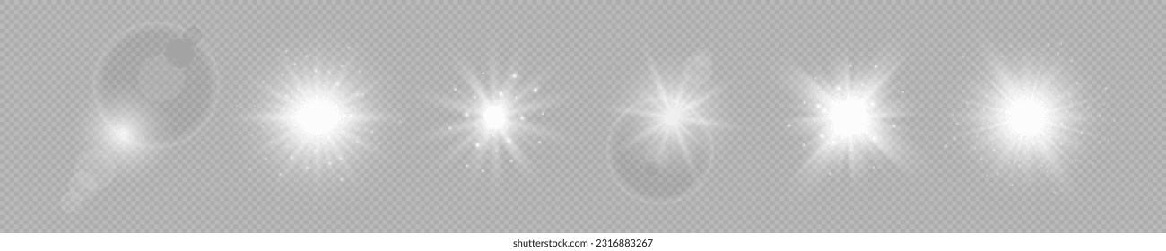 Efecto luminoso de las bengalas de la lente. El conjunto de seis luces brillantes blancas de efecto de arranque con destellos sobre un fondo transparente gris. Ilustración del vector