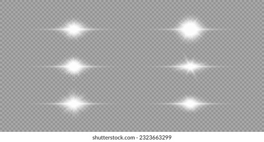 Light effect of lens flares. Set of six white horizontal glowing light starburst effects with sparkles on a grey transparent background. Vector illustration