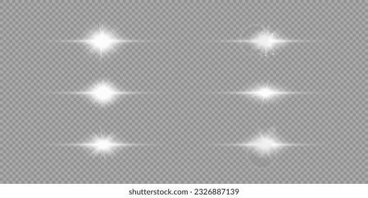 Light effect of lens flares. Set of six white horizontal glowing light starburst effects with sparkles on a grey transparent background. Vector illustration