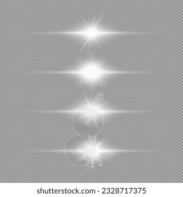 Light effect of lens flares. Set of four white horizontal glowing light starburst effects with sparkles on a grey transparent background. Vector illustration