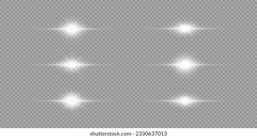 Lichteffekt der Linsenfackel. Set von sechs weißen, horizontalen, hellen Starburst-Effekte mit Funkeln auf grauem, transparentem Hintergrund. Vektorgrafik