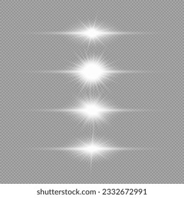 Effet de lumière des éruptions de lentilles. Ensemble de quatre effets d'éclatement de lumière horizontaux blanc brillant avec des étincelles sur fond gris transparent. Illustration vectorielle