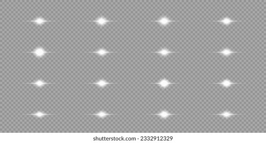 Light effect of lens flares. Set of white horizontal glowing light starburst effects with sparkles on a grey transparent background. Vector illustration