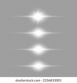 Effet de lumière des éruptions de lentilles. Ensemble de quatre effets d'éclatement de lumière horizontaux blanc brillant avec des étincelles sur fond gris transparent. Illustration vectorielle