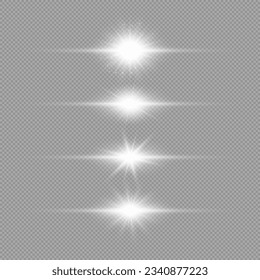 Effet de lumière des éruptions de lentilles. Ensemble de quatre effets d'éclatement de lumière horizontaux blanc brillant avec des étincelles sur fond gris transparent. Illustration vectorielle