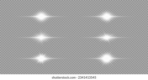 Lichteffekt der Linsenfackel. Set von sechs weißen, horizontalen, hellen Starburst-Effekte mit Funkeln auf grauem, transparentem Hintergrund. Vektorgrafik