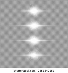 Effet de lumière des éruptions de lentilles. Ensemble de quatre effets d'éclatement de lumière horizontaux blanc brillant avec des étincelles sur fond gris transparent. Illustration vectorielle