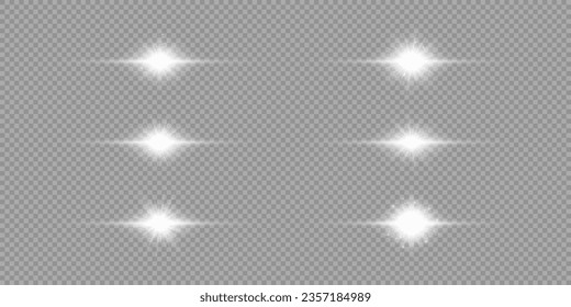 Light effect of lens flares. Set of six white horizontal glowing light starburst effects with sparkles on a grey transparent background. Vector illustration