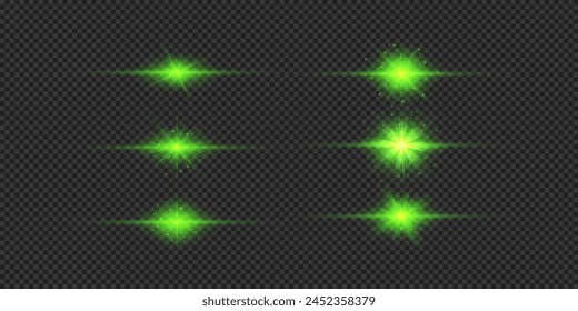 Lichteffekt von Linsenblendeffekten Set von grünen Horizontalen leuchtenden Lichtstarburst-Effekten mit Funkeln auf einem grauen transparenten Hintergrund. Vektorillustration