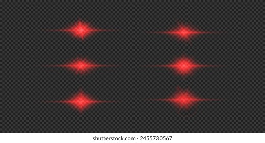 Light effect of lens flares. Set of red horizontal glowing light starburst effects with sparkles on a grey transparent background. Vector illustration