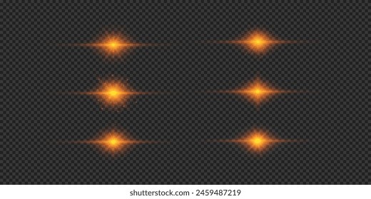 Efecto lumínico de los destellos de lente. Conjunto de efectos de estallido de luz brillante Horizontal naranja con destellos sobre un fondo transparente gris. Ilustración vectorial