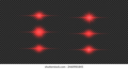 Light effect of lens flares. Set of red horizontal glowing light starburst effects with sparkles on a grey transparent background. Vector illustration