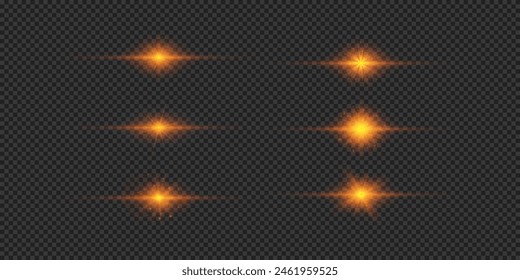 Efecto lumínico de los destellos de lente. Conjunto de efectos de estallido de luz brillante Horizontal naranja con destellos sobre un fondo transparente gris. Ilustración vectorial