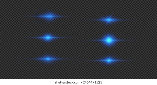 Efecto lumínico de los destellos de lente. Conjunto de efectos Starburst de luz brillante Horizontal azul con destellos sobre un fondo gris transparente. Ilustración vectorial