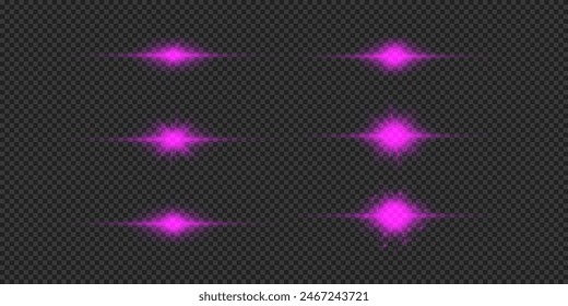 Light effect of lens flares. Set of purple horizontal glowing light starburst effects with sparkles on a grey transparent background. Vector illustration