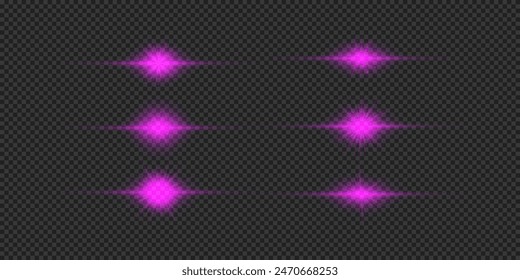 Light effect of lens flares. Set of purple horizontal glowing light starburst effects with sparkles on a grey transparent background. Vector illustration