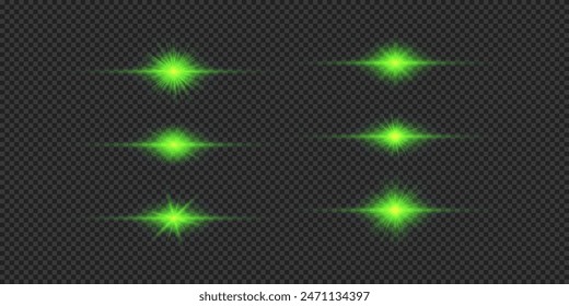 Light effect of lens flares. Set of green horizontal glowing light starburst effects with sparkles on a grey transparent background. Vector illustration