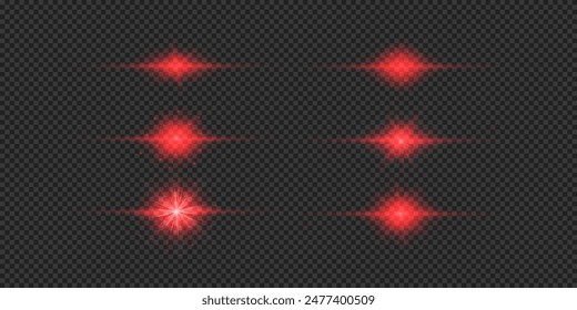 Efecto lumínico de los destellos de lente. Conjunto de efectos de estallido de luz brillante Horizontal roja con destellos sobre un fondo gris transparente. Ilustración vectorial