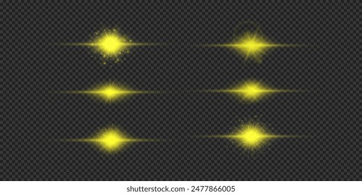 Light effect of lens flares. Set of yellow horizontal glowing light starburst effects with sparkles on a grey transparent background. Vector illustration