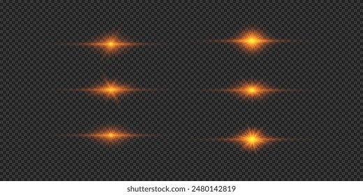 Light effect of lens flares. Set of orange horizontal glowing light starburst effects with sparkles on a grey transparent background. Vector illustration