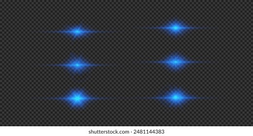 Light effect of lens flares. Set of blue horizontal glowing light starburst effects with sparkles on a grey transparent background. Vector illustration