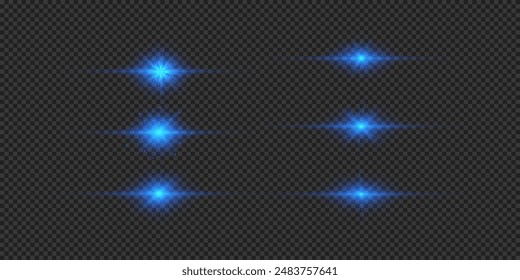 Light effect of lens flares. Set of blue horizontal glowing light starburst effects with sparkles on a grey transparent background. Vector illustration