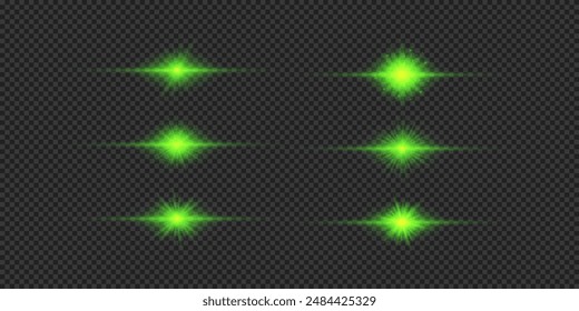 Efecto lumínico de los destellos de lente. Conjunto de efectos de estallido de luz brillante Horizontal verde con destellos sobre un fondo gris transparente. Ilustración vectorial