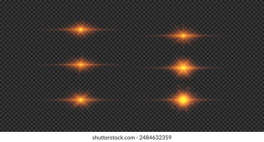 Light effect of lens flares. Set of orange horizontal glowing light starburst effects with sparkles on a grey transparent background. Vector illustration