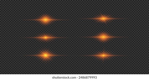 Light effect of lens flares. Set of orange horizontal glowing light starburst effects with sparkles on a grey transparent background. Vector illustration