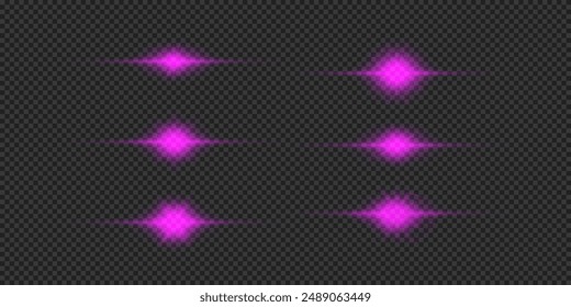 Light effect of lens flares. Set of purple horizontal glowing light starburst effects with sparkles on a grey transparent background. Vector illustration