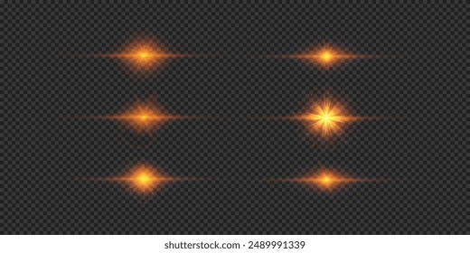 Lichteffekt von Linsenblendeffekten Set von orangefarbenen Horizontalen leuchtenden Licht-Starburst-Effekten mit Funkeln auf einem grauen transparenten Hintergrund. Vektorillustration