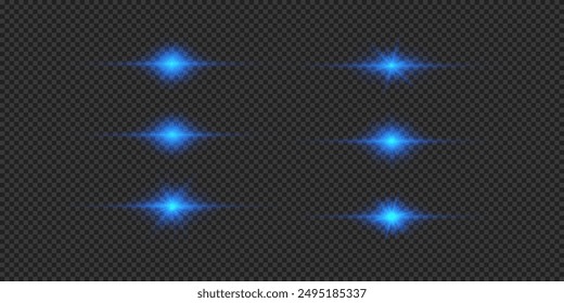 Light effect of lens flares. Set of blue horizontal glowing light starburst effects with sparkles on a grey transparent background. Vector illustration
