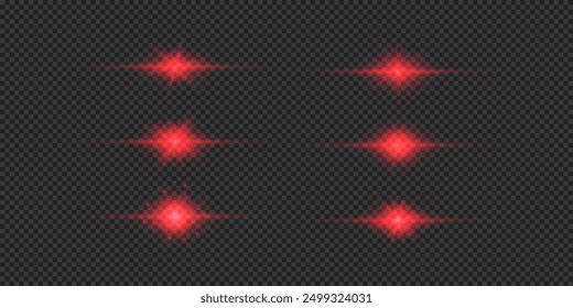 Efecto de luz de los destellos de la lente. Conjunto de efectos de estallido de luz brillante Horizontal roja con destellos sobre un fondo transparente gris. Ilustración vectorial
