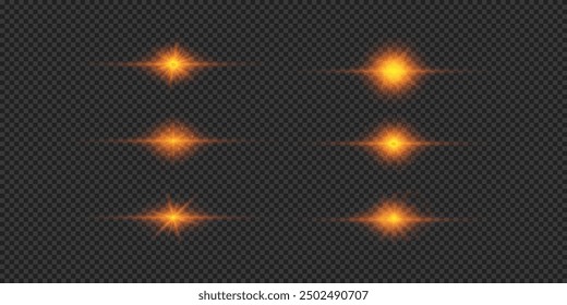 Light effect of lens flares. Set of orange horizontal glowing light starburst effects with sparkles on a grey transparent background. Vector illustration