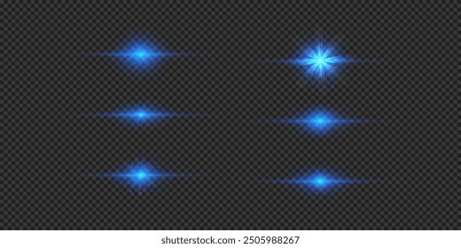 Light effect of lens flares. Set of blue horizontal glowing light starburst effects with sparkles on a grey transparent background. Vector illustration