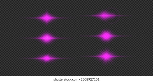 Light effect of lens flares. Set of purple horizontal glowing light starburst effects with sparkles on a grey transparent background. Vector illustration