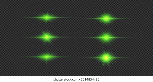 Lichteffekt von Linsenfackeln. Set von grünen horizontalen glühenden Licht Sternenhimmel Effekte mit funkelt auf grauem transparentem Hintergrund. Vektorgrafik