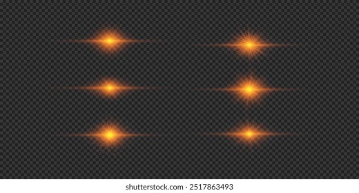 Lichteffekt von Linsenfackeln. Set von orangefarbenen horizontalen glühenden Licht-Stern-Effekten mit funkelnden auf grauem, transparentem Hintergrund. Vektorgrafik